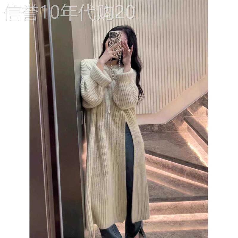 慵懒风毛衣裙女士秋冬2025欧货新款套头开叉过膝中长款针织连衣裙