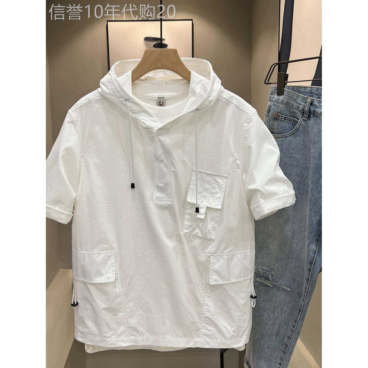 代购2025新款工装连帽短袖T恤男设计感个性宽松大口袋半袖体恤