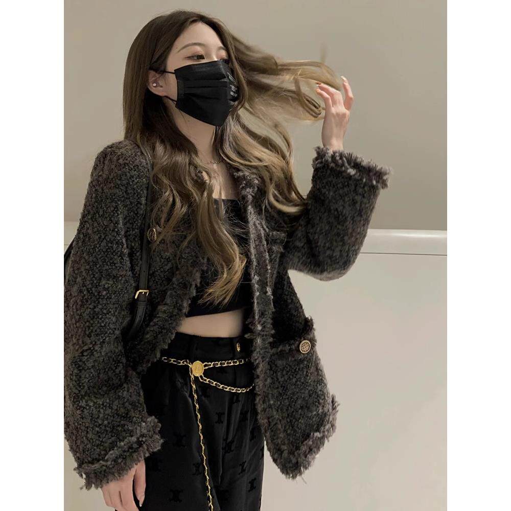 日系小香风外套女秋冬季新款加厚灰色高级感气质名媛欧货夹克上衣