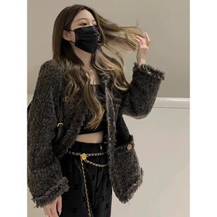 日系小香风外套女秋冬季新款加厚灰色高级感气质名媛欧货夹克上衣