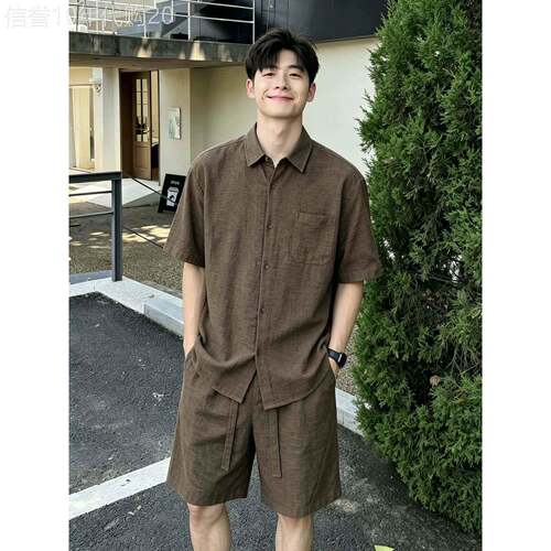 老钱风亚麻休闲套装男士夏季潮牌松弛感慵懒风短袖衬衫短裤两件套