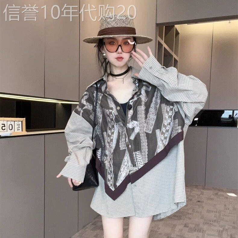 【现货】拼接格子长袖衬衫女2025新款翻领单排扣中长款宽松上衣潮