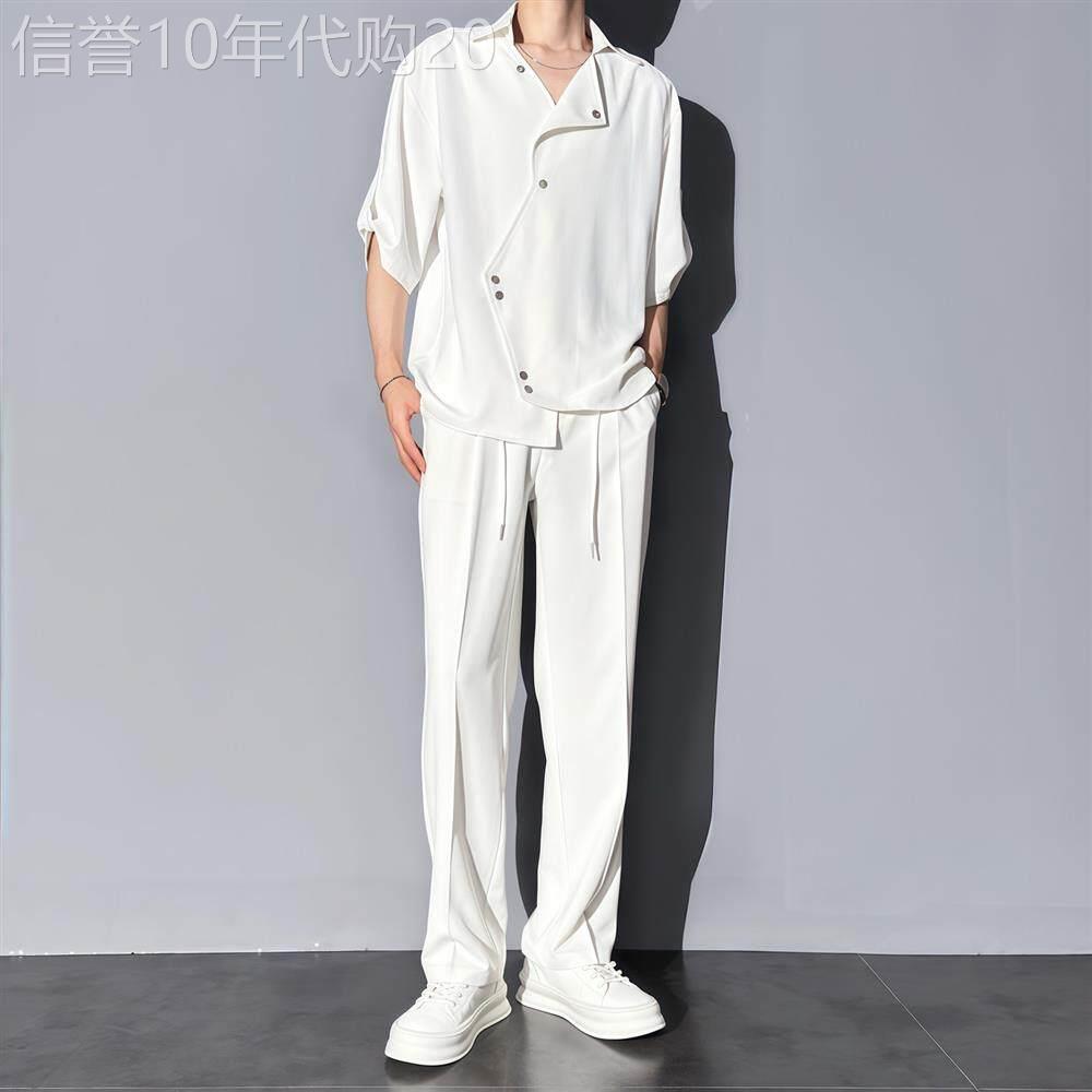热门款新中式设计感冰丝短袖衬衫男夏季套装韩版潮流高级痞帅衬衣