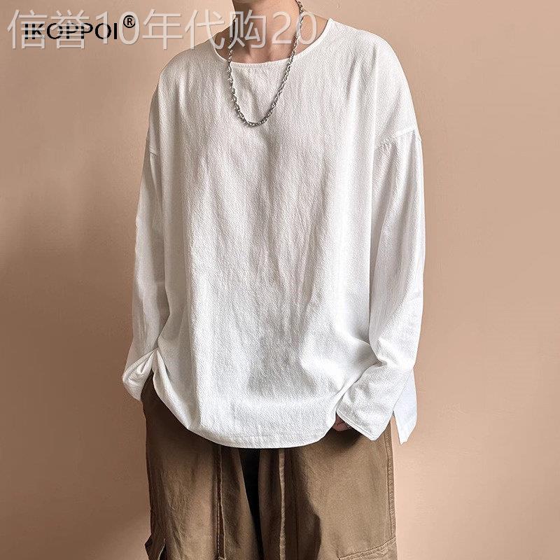 高端男士宽松亚麻长袖T恤2026新款夏季薄款棉麻纯色短袖上衣服
