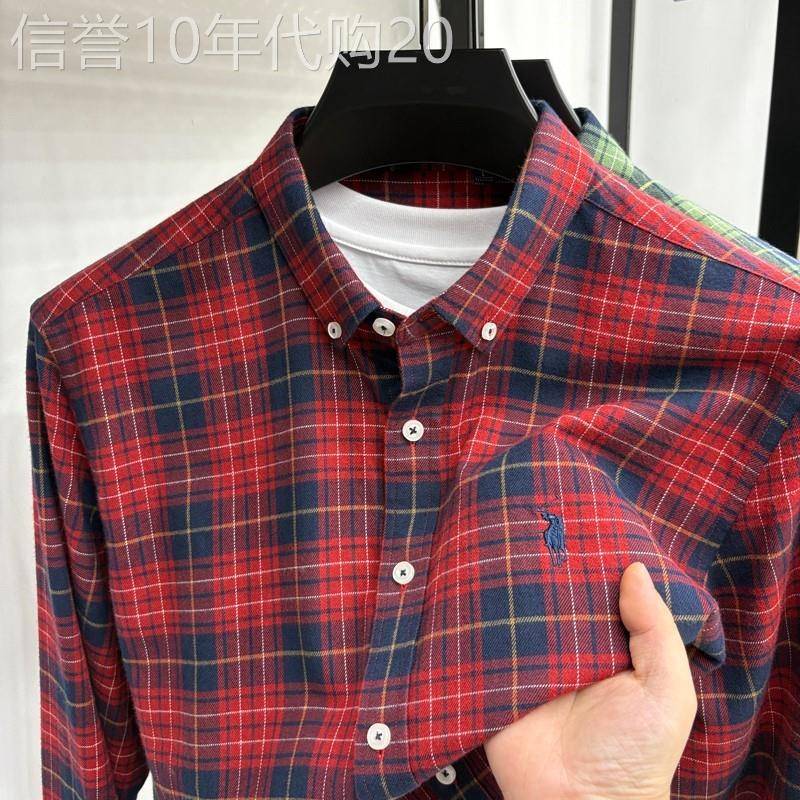 全棉刺绣长袖衬衫男春秋季港风格子衬衣休闲男装上衣外套男装寸衫