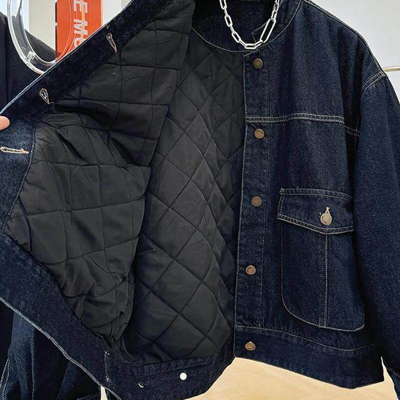 香港秋冬款别致短款棉衣棉服夹克韩系休闲洋气宽松夹棉牛仔外套女