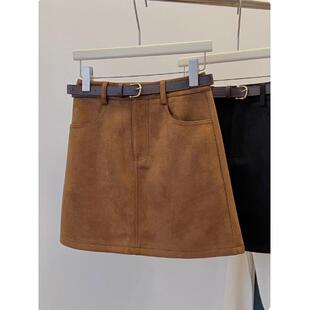 专柜覆古棕色麂皮绒半身裙女秋冬胖mm百搭包臀裙高腰显瘦a字短裙