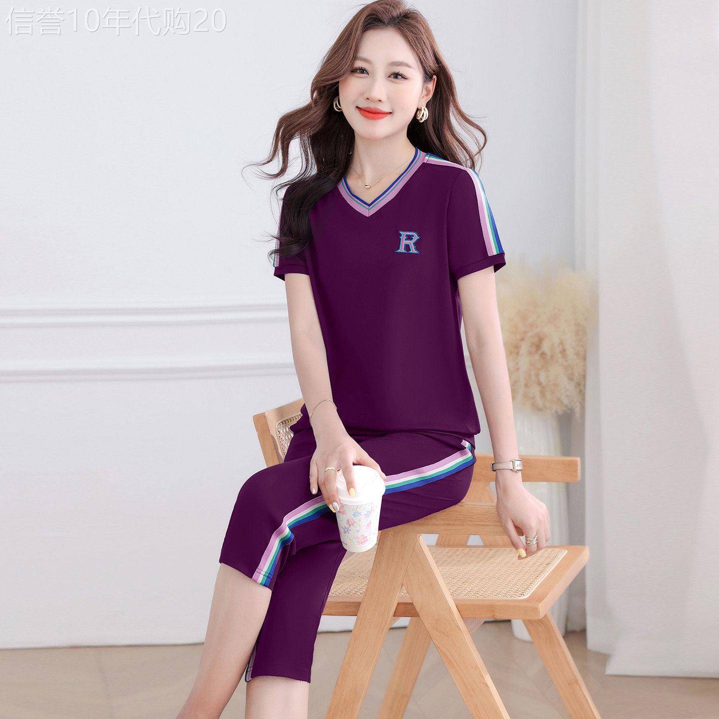 妈妈时尚显瘦两件套2026夏季新款纯棉V领短袖七分裤休闲运动套装