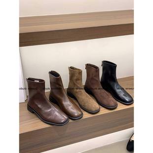 时尚品牌厚跟覆古棕色靴子女鞋2025新款春秋季单靴麂皮修身靴小短