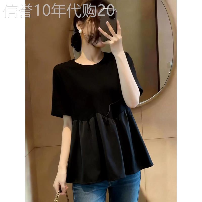 黑色荷叶边短袖T恤女夏季欧货高级感气质宽松遮肚大码娃娃衫上衣