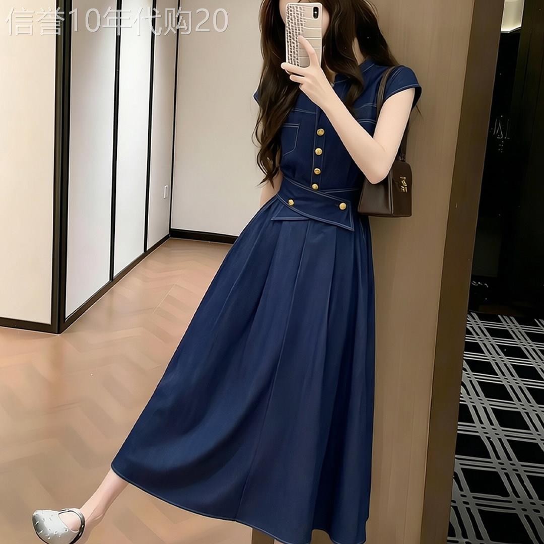 法式蓝色收腰短袖牛仔连衣裙女夏季2026新款漂亮巨好看显瘦长裙子