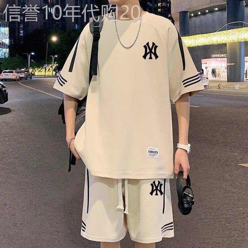 轻奢休闲运动套装男士夏季短袖T恤五分裤搭配一套冰丝透气两件套