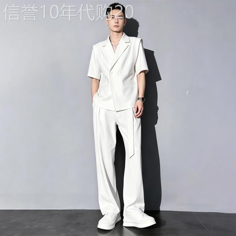 轻奢男士垂感短袖西服套装夏季薄款痞帅中袖休闲宽松西装两件套