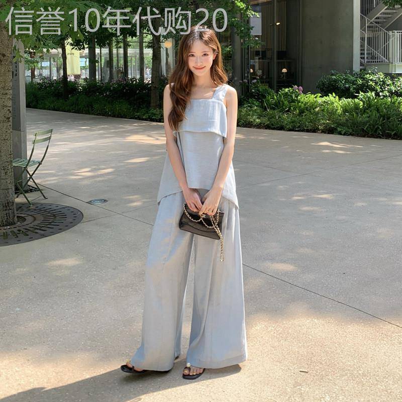 蓝色巨好看的夏日套装女2026新款气质不规则绑带上衣阔腿裤两件套