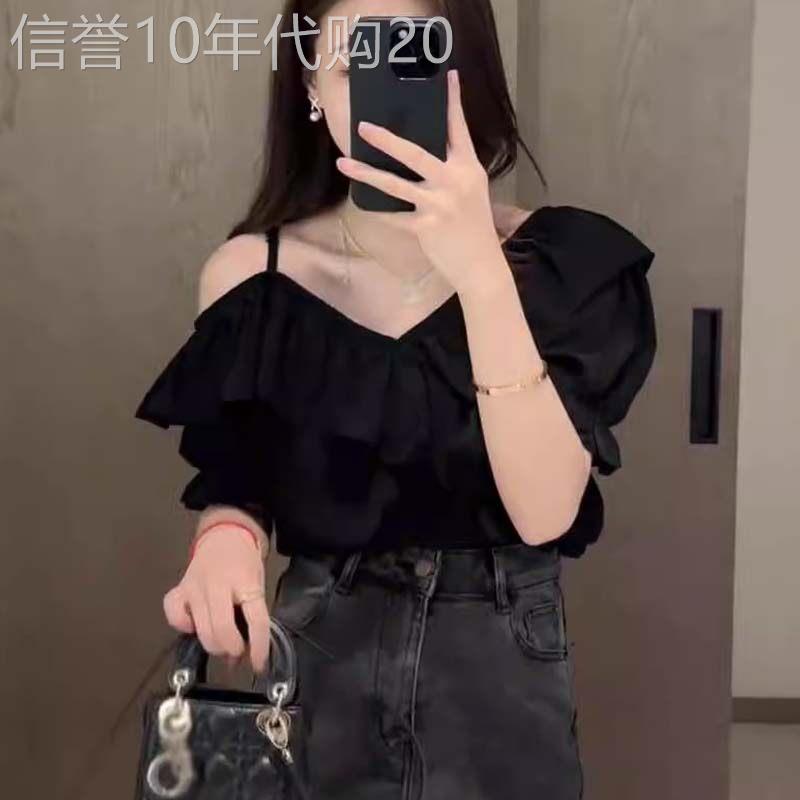 黑色V领荷叶边短袖吊带衬衫女夏欧货不规则一字露肩短款褶皱上衣