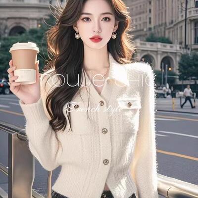 法国rouje chic法式简约高级感白色polo领收腰针织衫女秋冬季毛衣