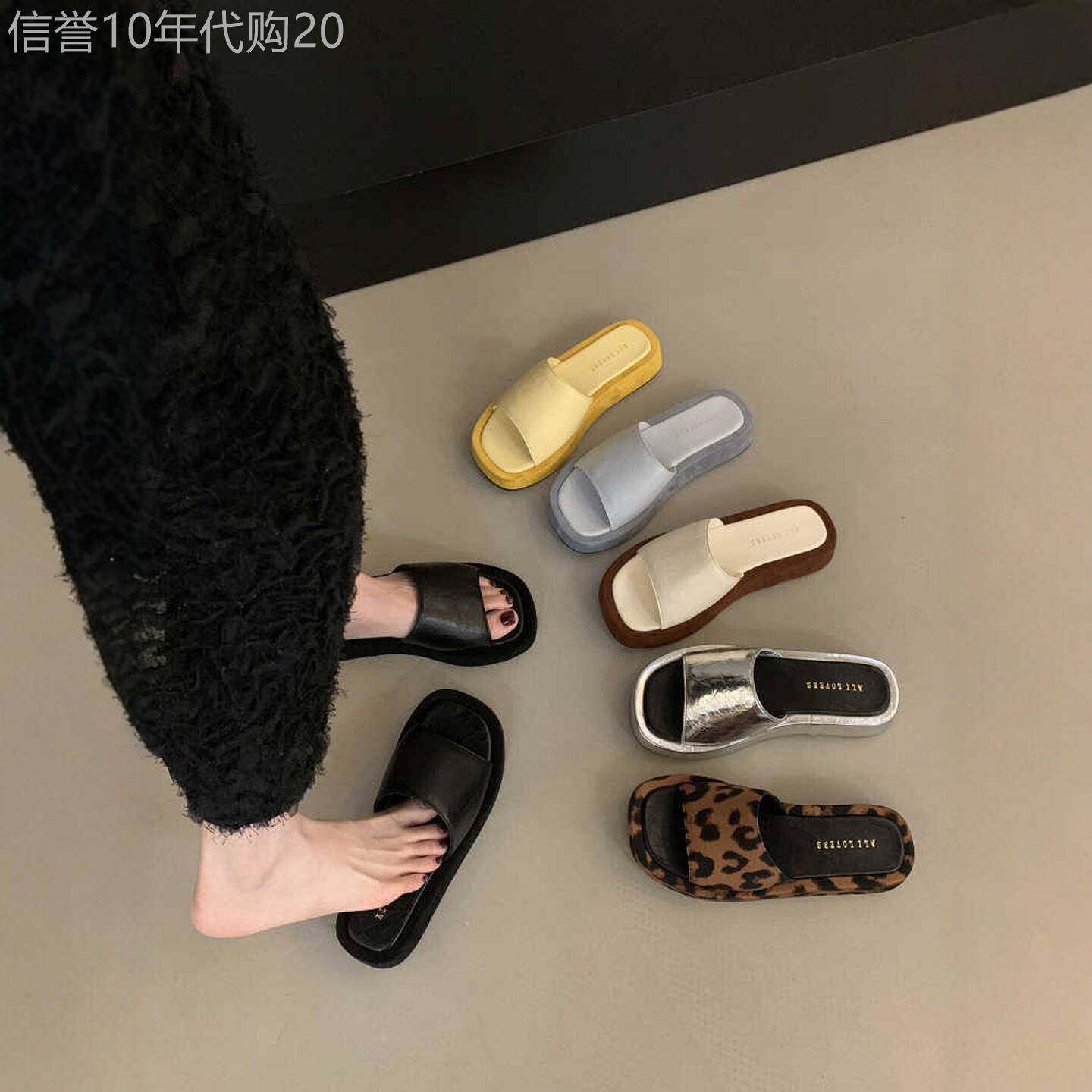 潮牌小个子增高厚底凉拖鞋女鞋子2025新款夏季豹纹松糕底一字拖鞋