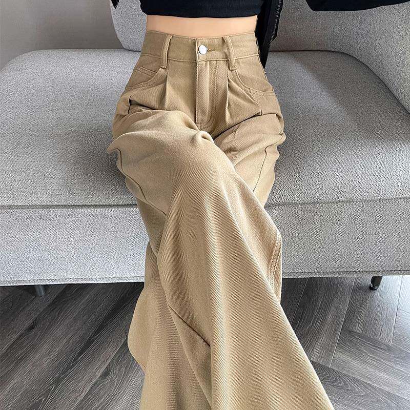 卡其色阔腿牛仔裤女秋季2024新款梨型身材高腰宽松休闲窄版直筒裤