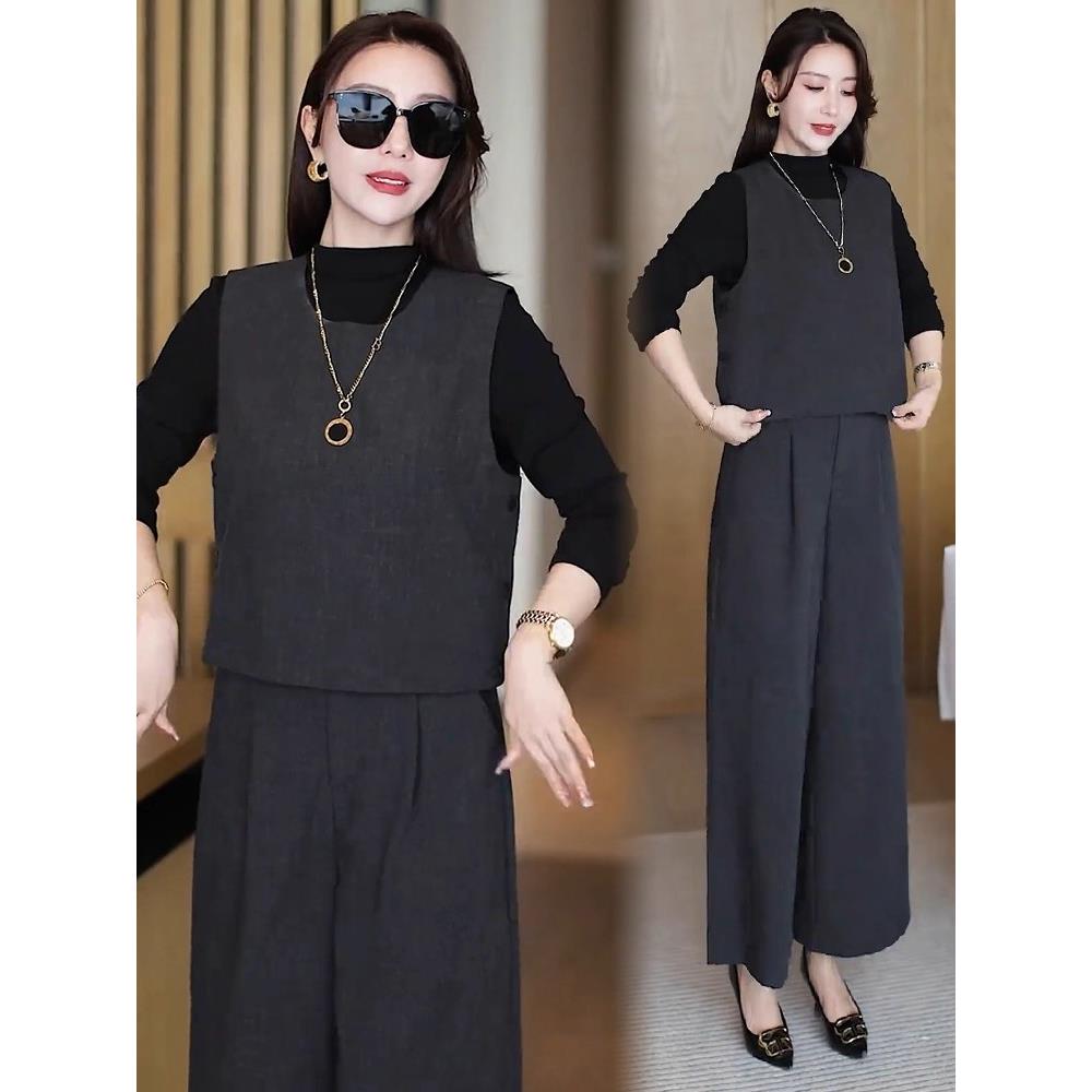 香港代购时尚套装女秋季新款显瘦马甲打底衫高腰阔腿裤减龄三件套