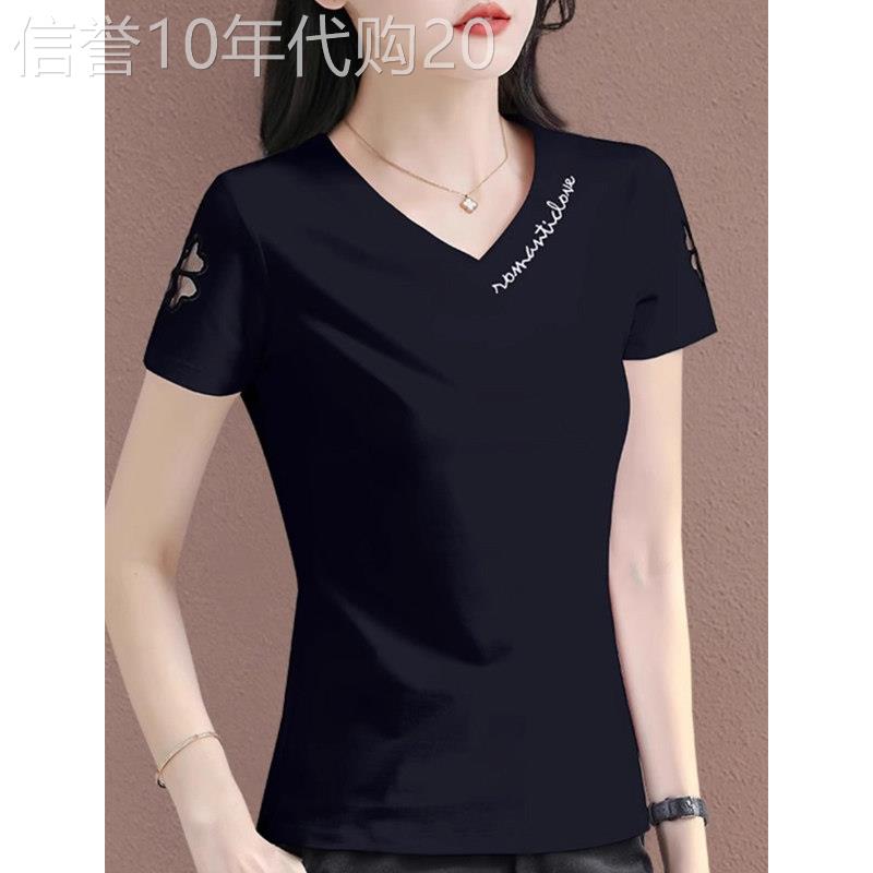 黑色短袖女t恤2025新款爆款夏季正肩V领上衣时尚洋派半袖修身T恤
