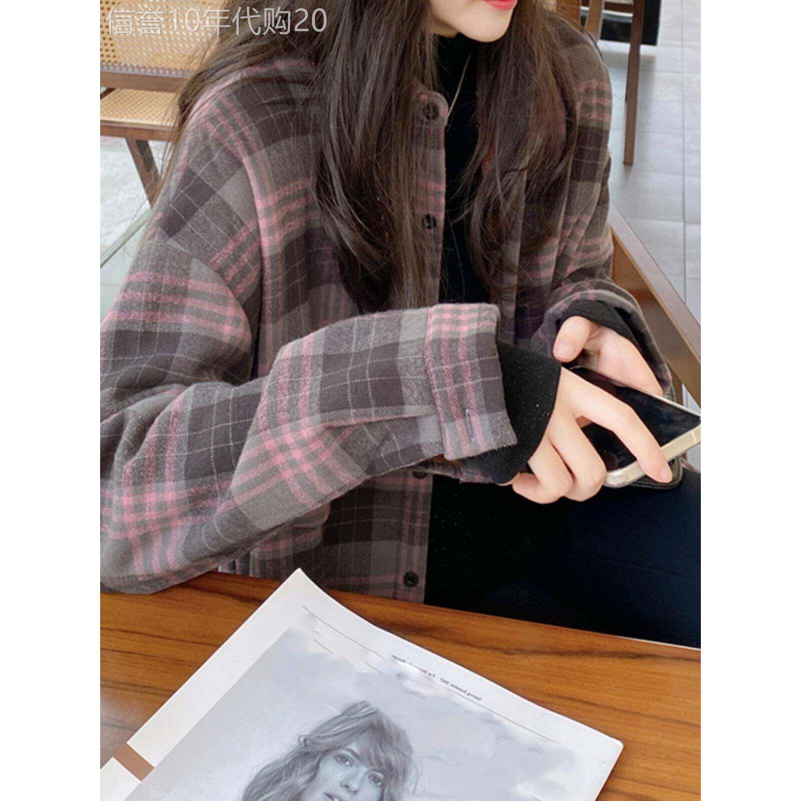 欧货加绒加厚格子衬衫女春秋新款通勤宽松翻领水洗磨毛棉长袖衬衣