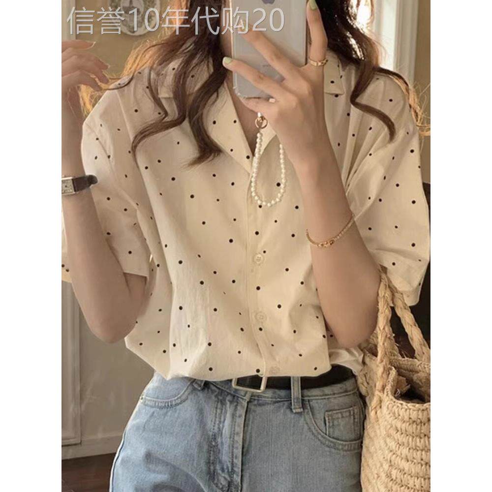 日系夏季别致漂亮波点短袖衬衫女设计感小众翻领温柔系凡尔赛上衣