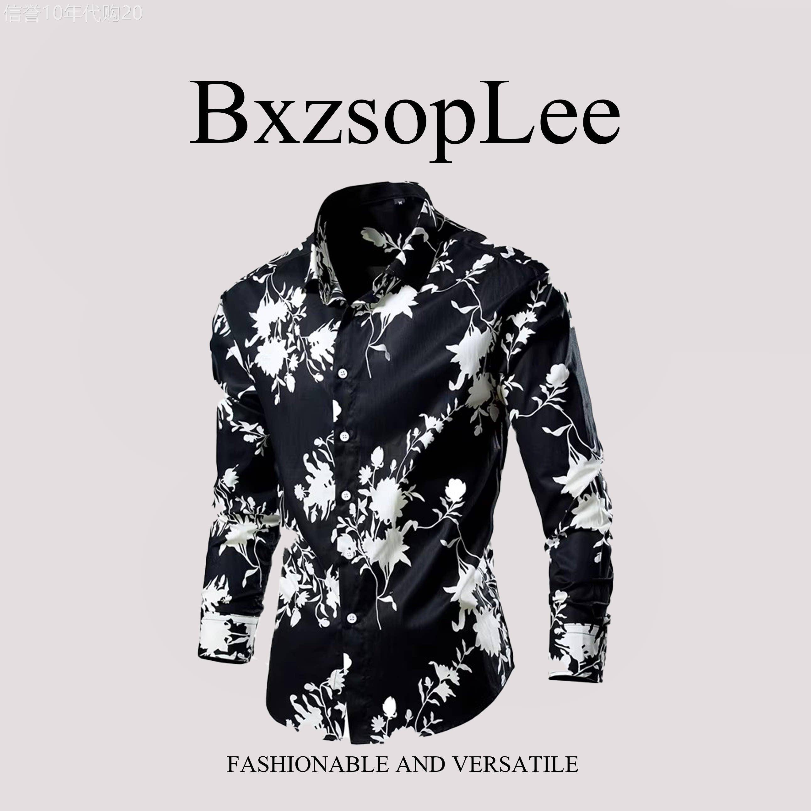 BxzsopLee 欧美花衬衫春季新款青年简约时尚潮流百搭修身长袖衬衣