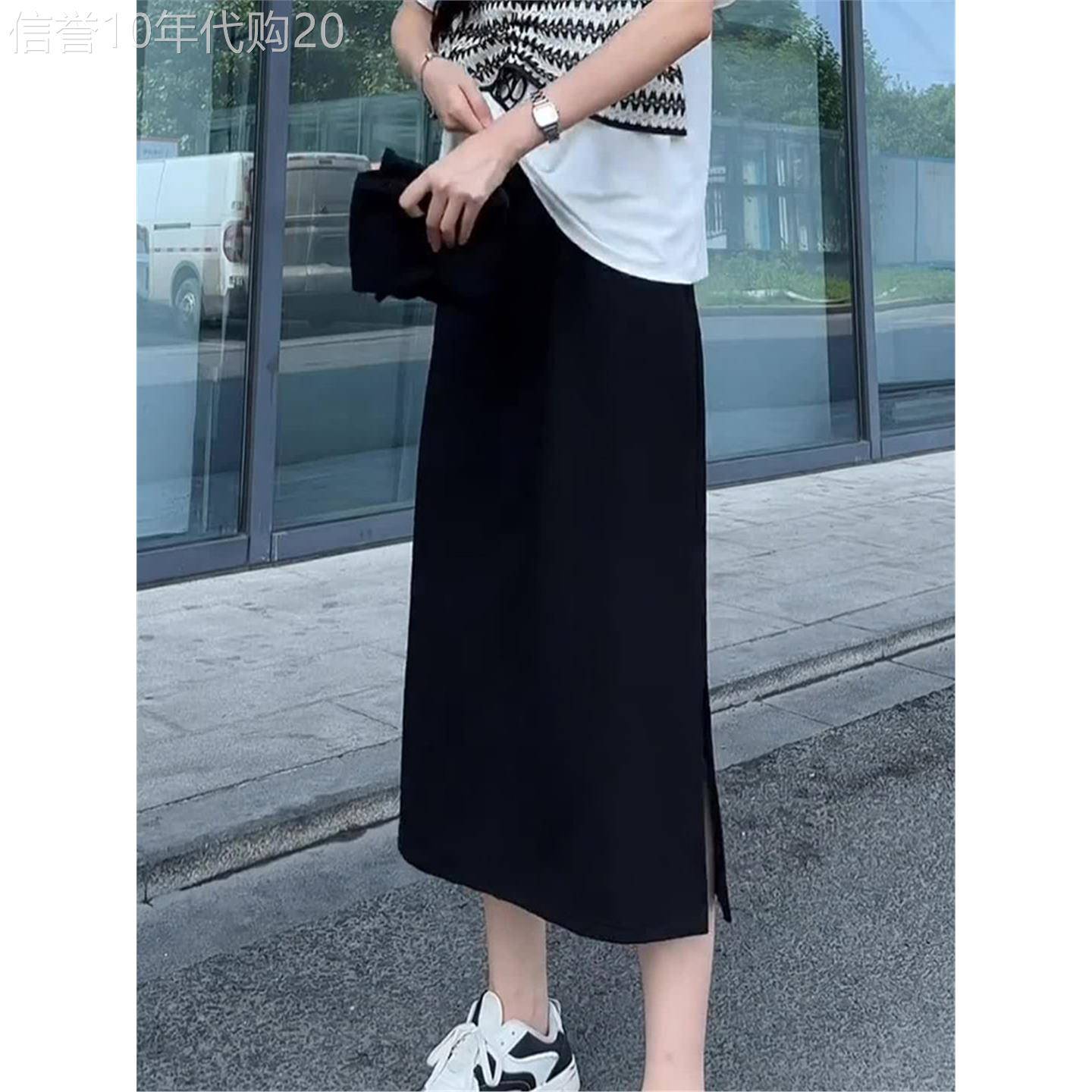 黑色半身裙女夏季侧开叉a字中长版半裙遮肚显瘦梨形身材包臀裙子
