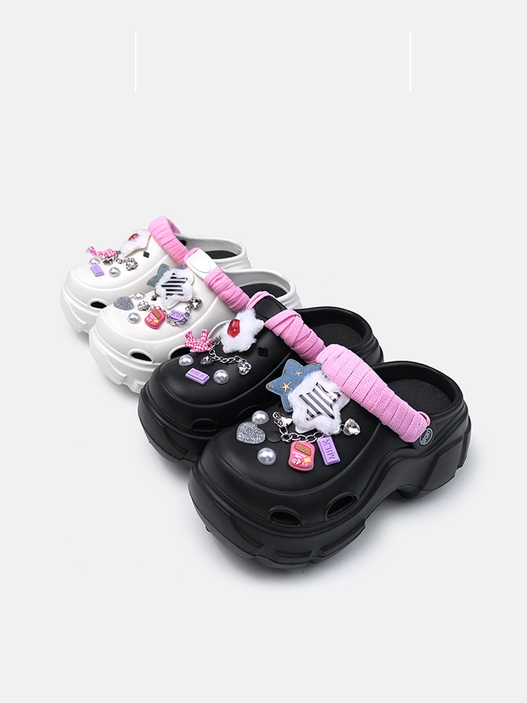 五角星粉色鞋带高跟洞洞鞋女夏外穿时尚增高厚底防滑凉拖鞋