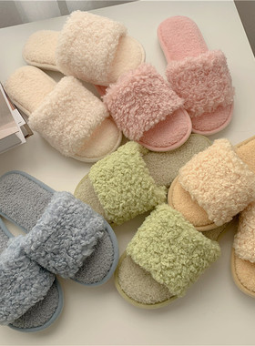 毛毛拖鞋女韩版时尚ins春秋室内居家用纯色简约毛绒一字棉拖鞋女