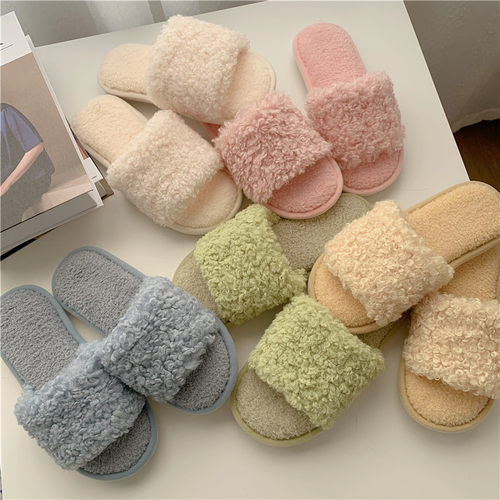 一字韩版春秋纯色简约风毛毛拖鞋