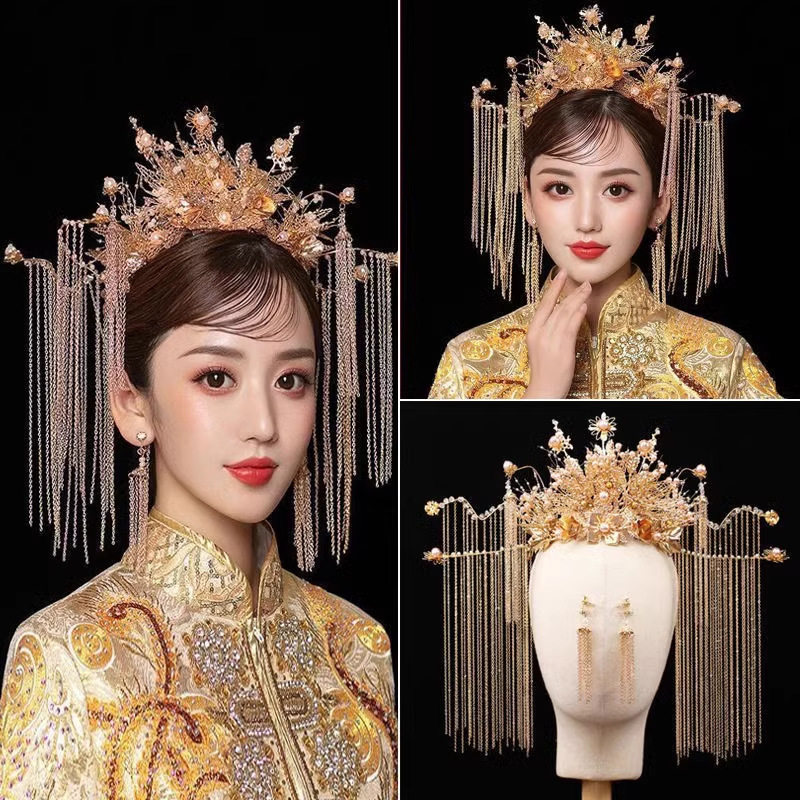 2026新款新娘凤冠金色秀禾发饰结婚宫廷秀禾服头饰配饰中式套装