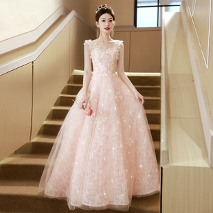 森系花朵晚礼服订婚结婚敬酒服学生毕业礼服长款一字肩宴会连衣裙