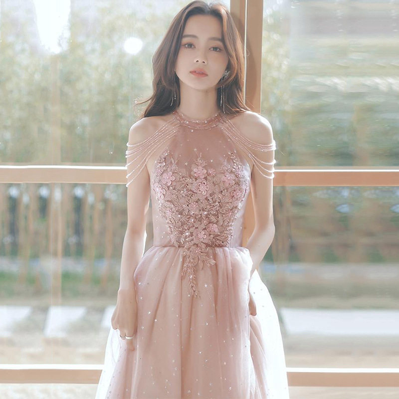 粉色氛围感晚礼服女挂脖2025新款气质名媛宴会年会独唱艺考礼服图片