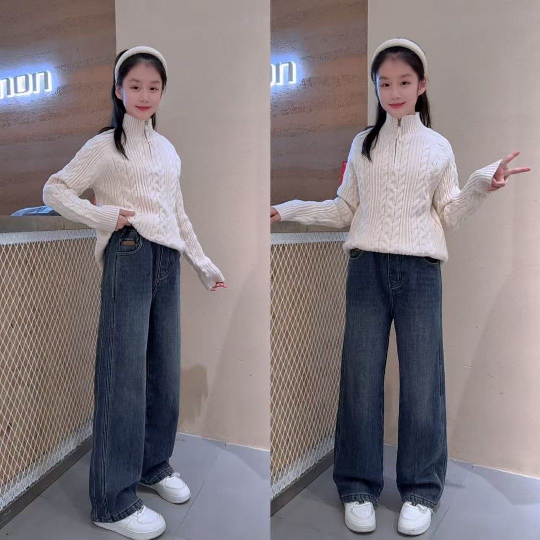 女童秋冬休闲毛衣加绒弹力牛仔裤套装窄版显瘦高腰百搭外穿阔腿,女装/女士精品,大码裤装,淘宝优惠券,粉丝福利购,淘宝优惠卷