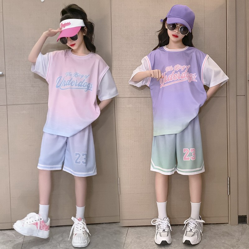 中大童女童网红套装夏季新款儿童洋气酷帅冰丝短裤速干运动篮球服