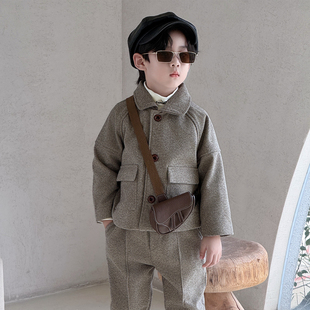 男童秋冬休闲套装2025新款加厚儿童洋气小西服英伦风毛呢保暖西装