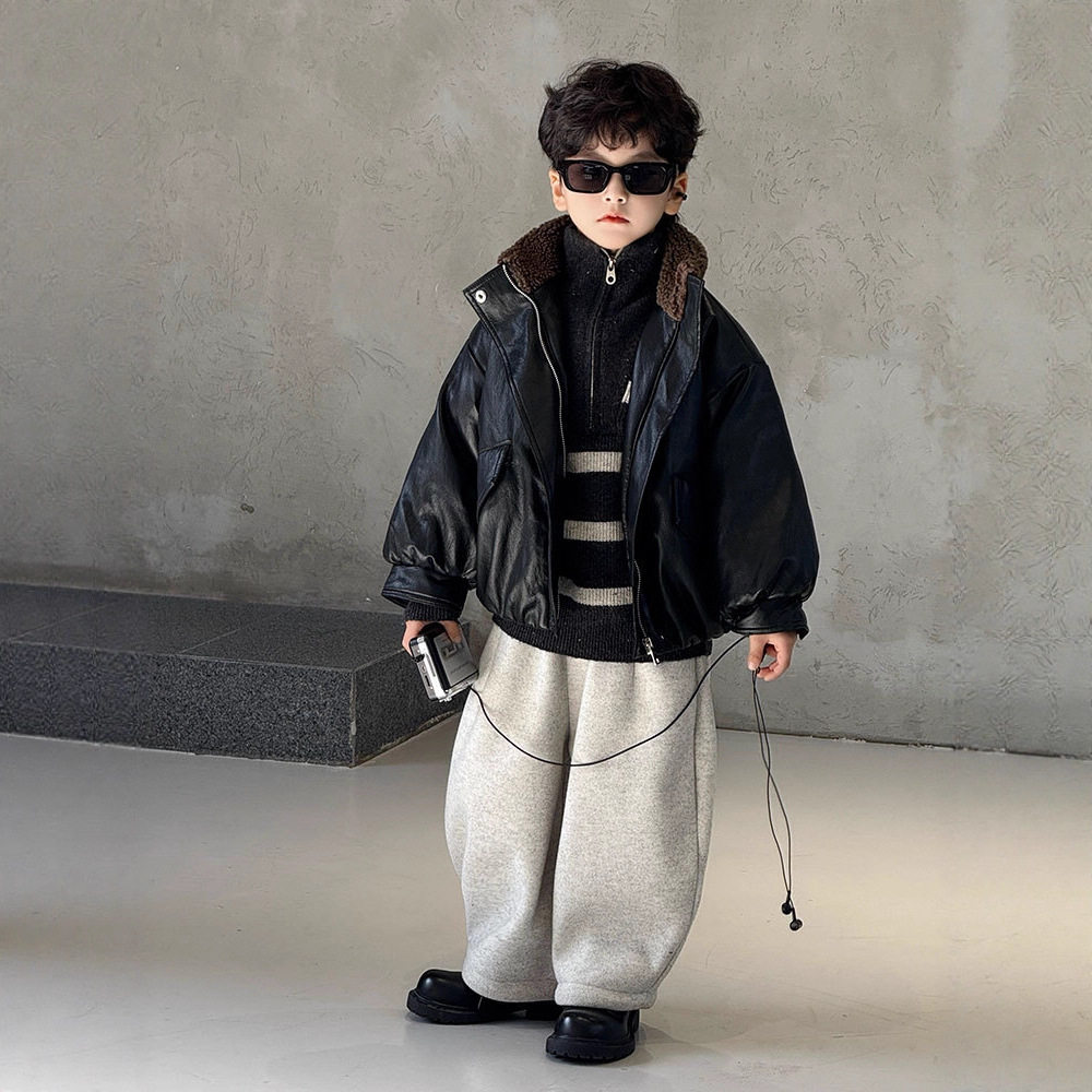 儿童秋冬外套男童新款痞帅加绒立领皮夹克上衣男孩冬季保暖套装潮