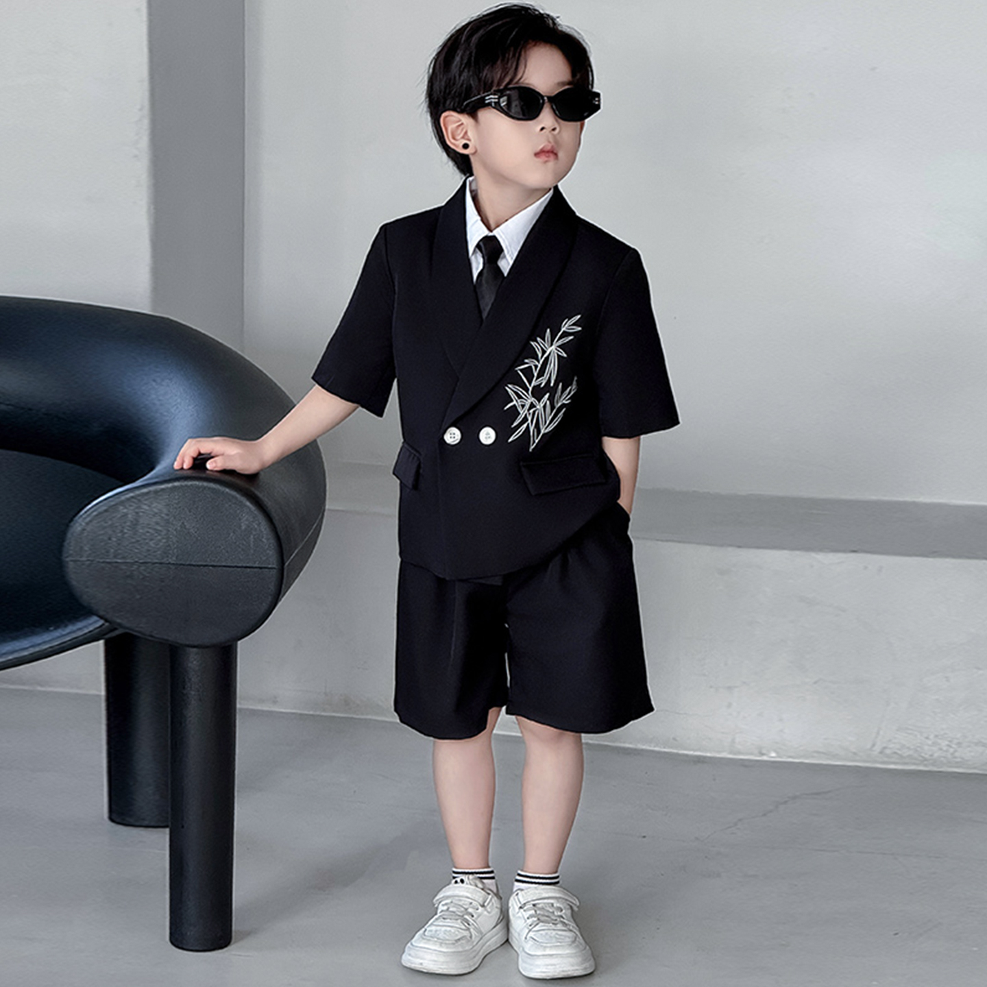 男童休闲小西装套装夏季国风刺绣中式小外套帅气花童生日主持礼服