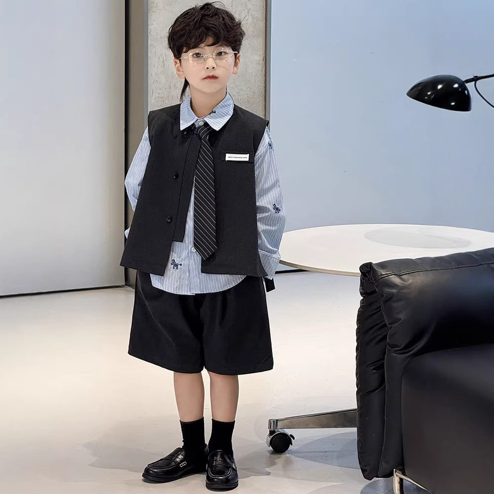 男童礼服2026夏季新款儿童学院风马甲短裤套装帅气男孩休闲小西服