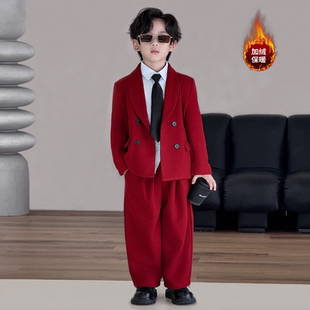 男童西装套装秋冬高级感英伦风加绒呢子休闲西服儿童生日演出服装
