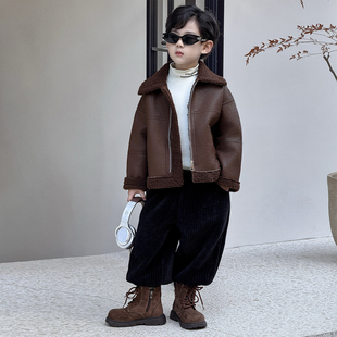 儿童外套秋冬季新款男童加绒翻毛领休闲夹克男孩痞帅加厚保暖上衣