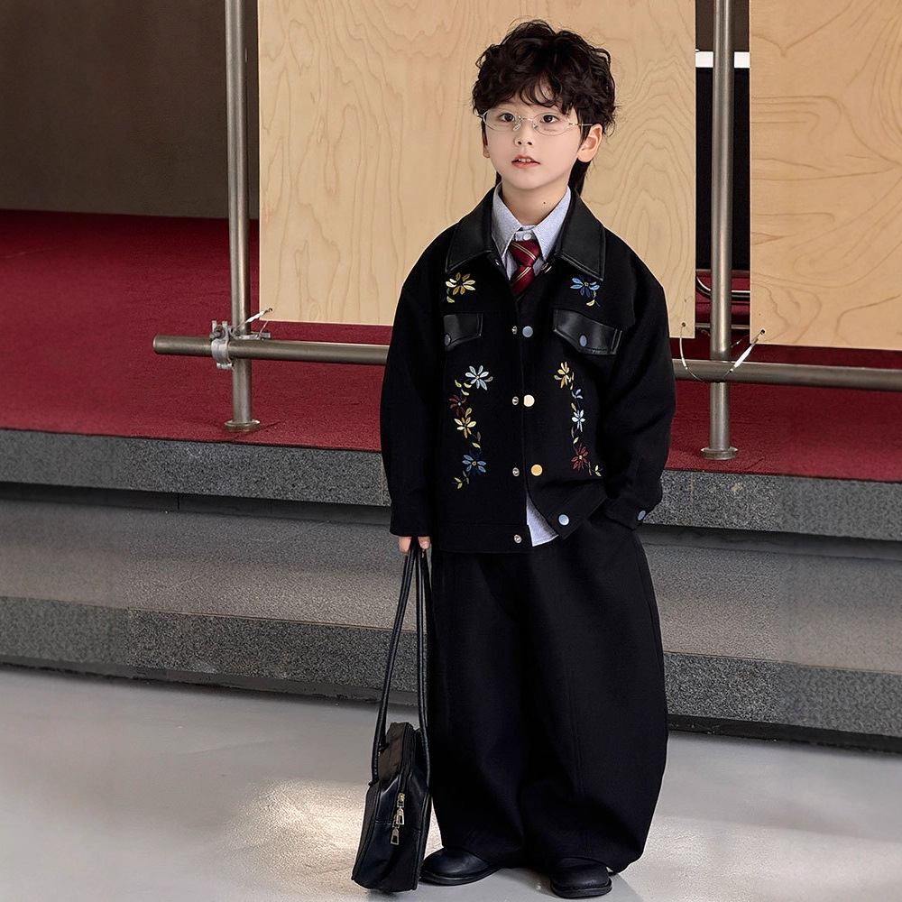 男童西装套装2025秋季新款刺绣拼接休闲衬衫儿童小西服上衣演出服