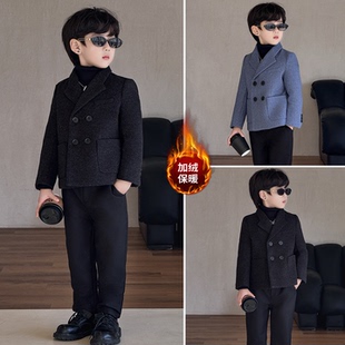 男童呢子休闲小西服2026秋冬新款儿童夹棉西装套装帅气男孩演出服
