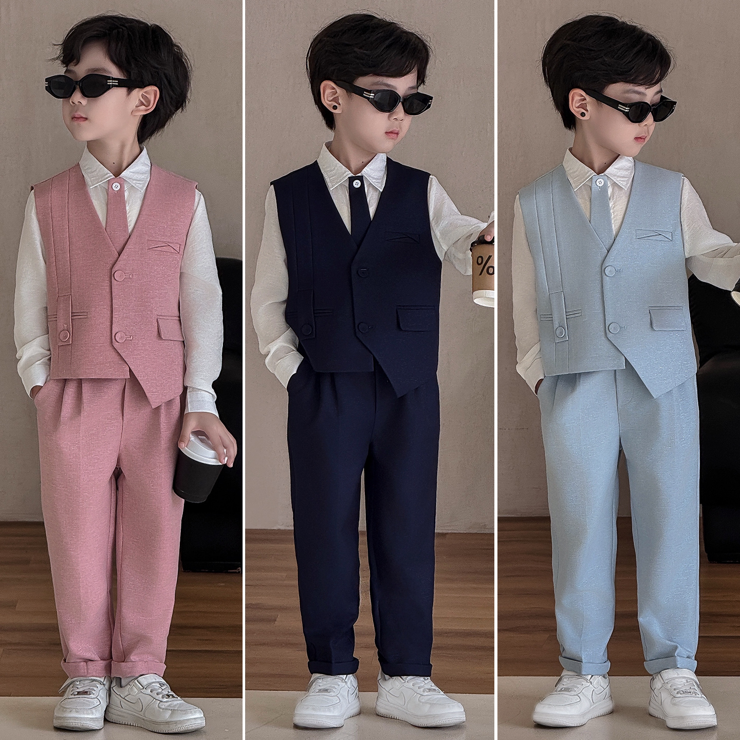 男童春季新款时尚西服马甲套装儿童周岁生日礼服帅气小花童演出服