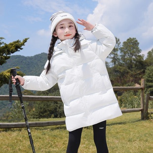 女童羽绒服2025冬季新款白色洋气连帽上衣男女童中长款白鸭绒外套
