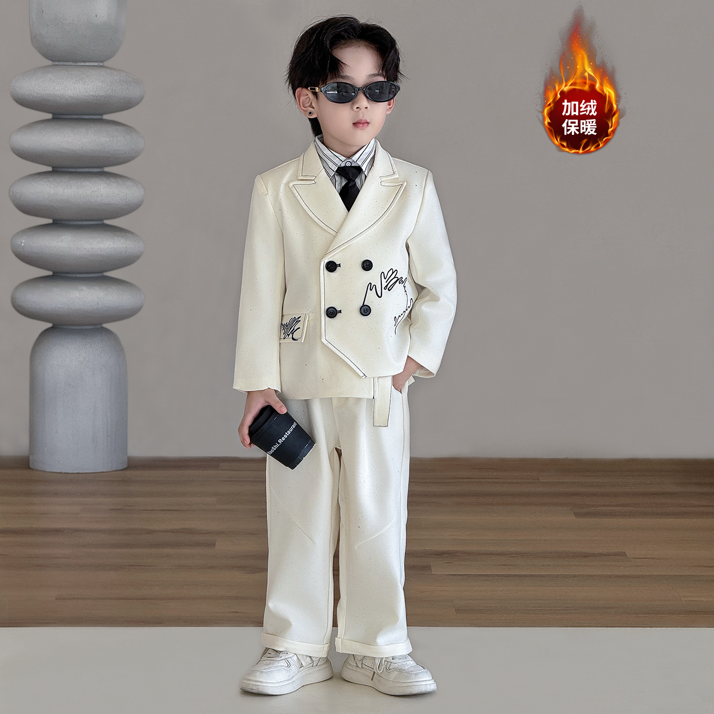 儿童新款加绒西装套装春秋帅气男童小主持人生日礼服英伦风演出服