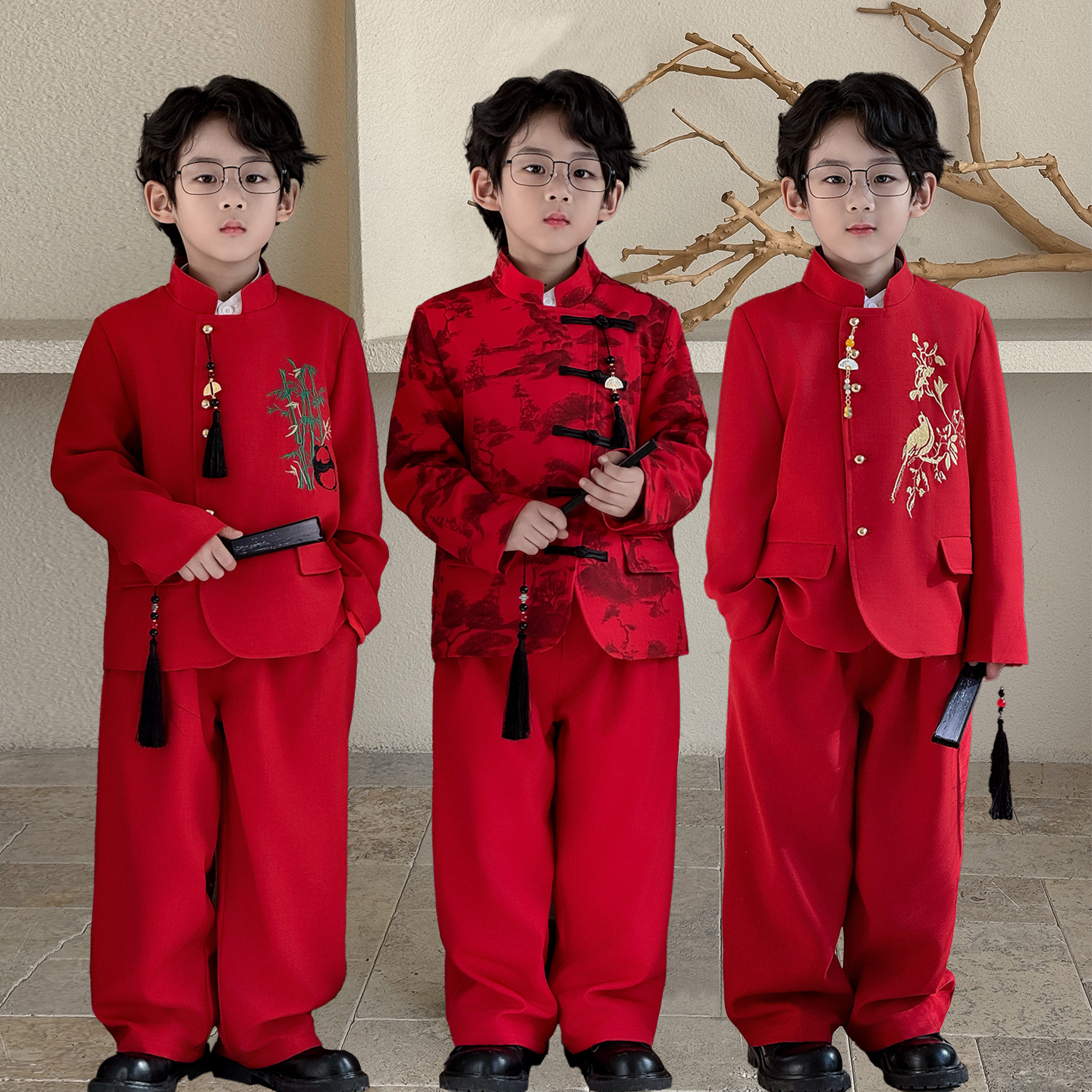 男童新中式西装套装儿童国风唐装立领中山装男孩帅气冬季加绒西服
