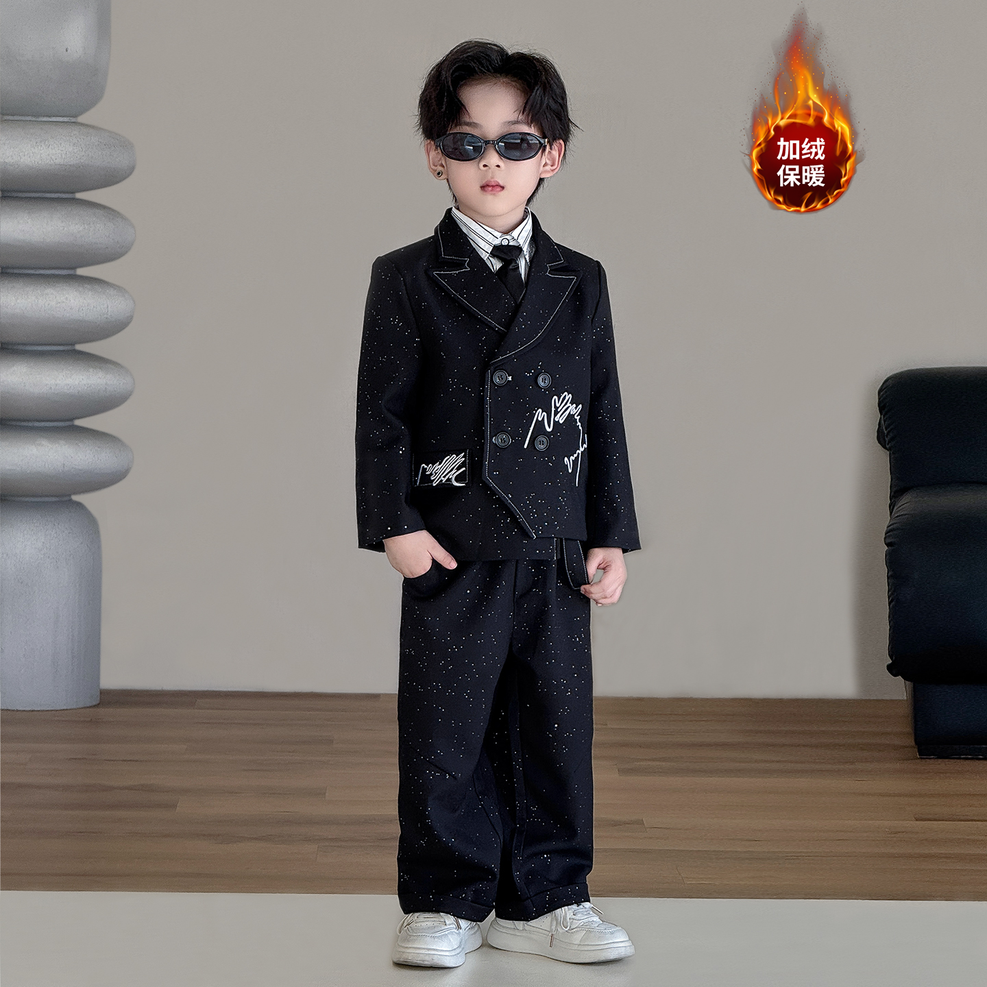 儿童西装套装春秋新款高端礼服男童生日宴会加绒西服小主持人演出