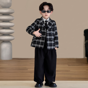 儿童西装套装2025秋冬新款格子英伦风小西服高端男童主持人演出服